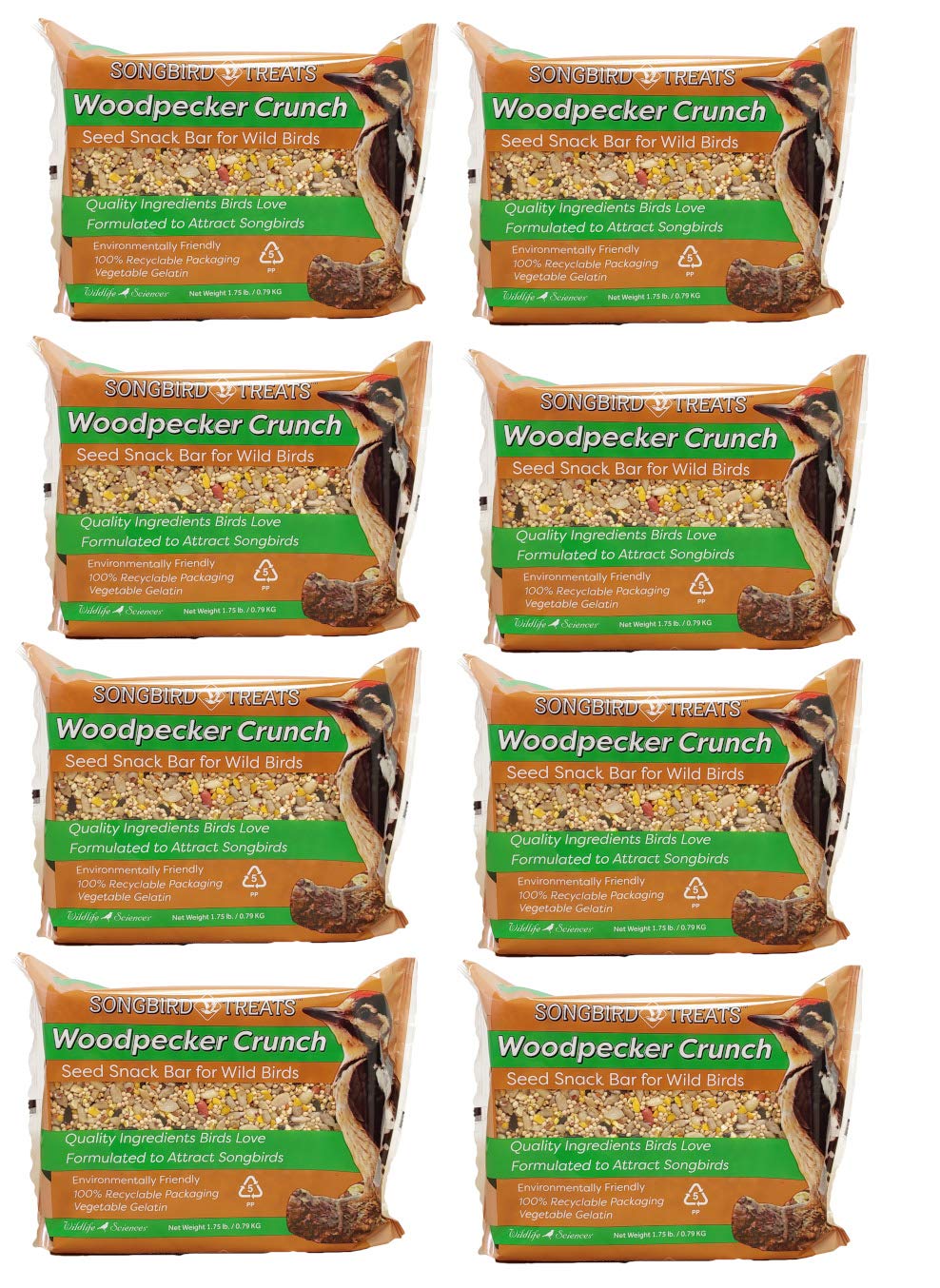 Wildlife Sciences Songbird Treats Seed Bars | 8 Pack of 1.75 lb Bird Seed Cakes for Wild Birds (Woodpecker Crunch)